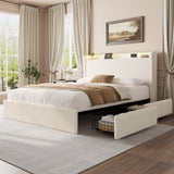 Garvee Full Size Boucle Bed Frame with Storage Headboard, Charging Station, LED Lights, 4 Storage Drawers, Beige - Beige