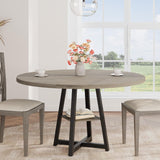 Garvee 47.2 In Round Dining Table for 4-6 People with Sturdy Metal Pedestal Base & Solid Wood Storage Shelf for Kitchen Dining Room, Industrial Style, Black - Grey