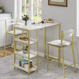 Garvee Bar Table and Chair Set with Flip Top Extension and Storage Shelves, PU Cushioned Stools, White Marble, Compact Design for Small Kitchen Apartment