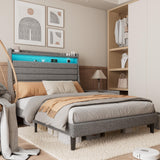 Garvee Full Bed Frame with Charging Station, Full Size Platform Bed with LED Lights, Upholstered Headboard, Grey, Modern Bedroom Furniture