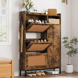 Garvee Shoe Cabinet with 3 Flip Drawers and 4-Tier Storage, Rattan Doors, Adjustable Shelves, Narrow Entryway Organizer, MDF and Metal, Natural Color - Rustic Brown