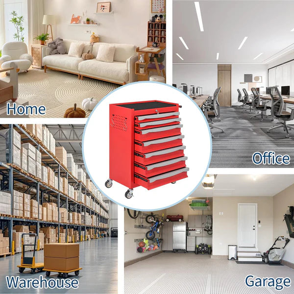 Garvee 7-Drawer Tool Chest Rolling Tool Cart with Wheels Large Capacity Storage Cabinet with Keyed Locking for Garage Workshop Warehouse Black Red Blue