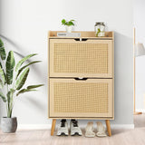 Garvee Shoe Cabinet Hidden Shoe Storage with 2 Flip Rattan Drawers for Entryway Foyer Hallway 12-15 Pairs MDF Frame Slim Space-Saving Design