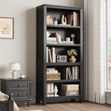 Garvee 71" Farmhouse Bookcase w/Adjustable Shelves & 31.5" Width, 5 Tier Tall Bookshelf with Wooden Legs, Rustic Vintage Book Shelf for Living Room Office Library, Black - Black