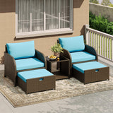 Garvee Patio Furniture Set 5-Piece PE Rattan Wicker Outdoor Seating Set with Ottomans and Glass Tabletop for Garden Balcony Lake Blue - Blue