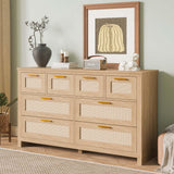 Garvee 8-Drawers Rattan Dresser Wooden Storage Organizer for Bedroom Living Room Hallway Natural Wood Color