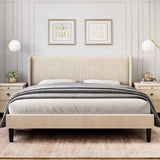 Garvee Full Bed Frame with Headboard and Wingback, Velvet Upholstered, Beige, Full Size, Storage Pockets, Sturdy Wood Slat Support