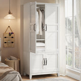 Garvee Armoire Wardrobe Closet with 4 Doors Adjustable Shelves Rustic White 72in Bedroom Storage Cabinet