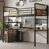 Garvee Loft Bunk Bed with L-Shaped Desk, Twin Metal Loft Bed for Kids Teens Adults, Vintage Brown, Space-Saving Design, High Guardrail, Easy Assembly - Vintage Brown