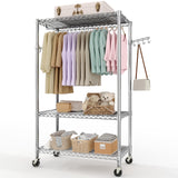 Garvee 3 Tier Clothes Rack with Wheels, Adjustable Shelves & 2 Hanging Rods, Heavy Duty Closet Organizer, 75.7"H x 45.2"W x 15.8"D, Silver