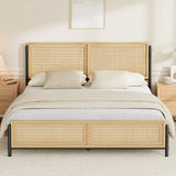 Garvee Boho King Size Bed Frame with Natural Rattan Headboard and Footboard, Wooden King Platform Bed, Noise-Free Metal Bedframe, 83.4x77.1x43.7 in, Natural Tones