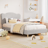 Garvee Upholstered Twin Size Bed Frame for Kids with Scallop Headboard, Light Grey, Sturdy Platform Bed, No Box Spring Needed