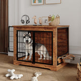 Garvee Dog Crate Furniture 38" Double Doors Wooden Indoor Pet House Cage with 360° Adjustable Raised Bowls, Storage Platform for Large Medium Dogs