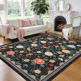 Garvee Floral 5x7 Black Rugs Non-Slip Machine Washable Area Rug for Living Room, Girls Bedroom, Dining Room, Office, Playroom Decor - Black