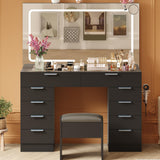 Garvee Black Vanity Desk with Large Mirror and Lights, Makeup Vanity Table Set with Glass Top, Power Outlet, Stool, 10 Drawers Storage, Hairdryer Holder for Bedroom - Black
