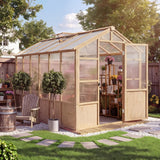 Garvee 6x12 FT Wooden Greenhouse with Polycarbonate Panels for Outdoor Garden, Backyard, Patio, Lawn, Natural Wood Color - Natural Wood