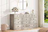 Garvee 12 Drawer Dresser with Power Outlet, 61 Inch Wide Wood Chest of Drawers for Bedroom, Living Room, Oak - Antique Oak