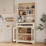 Garvee Pantry Cabinet With Glass Doors, 3-Tier Open Shelf Kitchen Storage, Drawer, Adjustable Shelves, Log Wood Color, 28.3x16x62 in