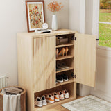 Garvee Wooden Shoe Cabinet Rack Oak Fluted Door Entryway Organizer Space-Saving Narrow Design Adjustable Shelves