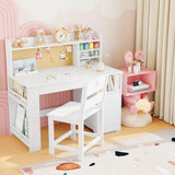 Garvee Kids Study Desk & Chair Set with Tiltable Desktop and Storage for Children 3-8 Years, Wooden Student Table for Bedroom, Natural Wood Color - White
