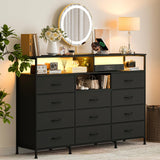 Garvee Dresser with 11 Fabric Drawers, Power Outlet & LED Lights, 55" TV Stand for Bedroom, Closet, Entryway, Wooden Top, Black - Black