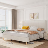 Garvee Queen Size Bed Frame Corduroy Upholstered Wingback Headboard Beige Solid Wood Slats Noise Free - Off-White/Wooden Feet