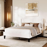 Garvee Queen Bed Frame with Vertical Channel Tufted Wingback Headboard, Upholstered Platform Bed Frame, Strong Wooden Slats, Noise Free, White, 6.3 in Under-bed Space