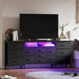 Garvee 70 Inch Fabric Dresser with 13 Drawers, TV Stand for 65-80 Inch TVs, Power Outlet & LED Light, Large Bedroom Entertainment Center, Wide Chest of Drawers - Black