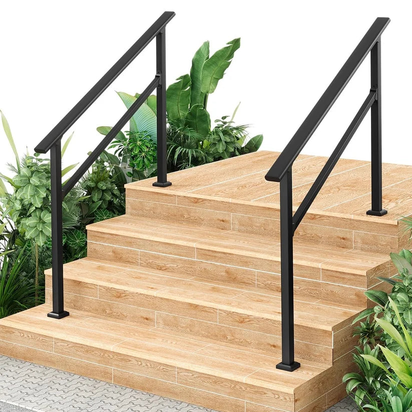 Garvee Outdoor Handrail for Steps, 4 Step Stair Handrail & Indoor Stair Railing Kit, Black Aluminum with Iron Poles, Adjustable 0°-45° for Outdoor Indoor Use