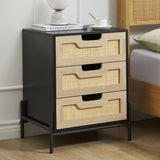Garvee Nightstand with 3 Rattan Drawers, Wood Bedside Table, Modern End Table for Bedroom and Living Room, Black