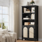Garvee Farmhouse Bookshelves with Rattan Doors, 70 in Tall Cutlery Shelves, Black, Home Office Living Room