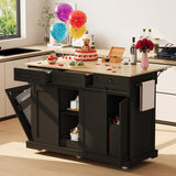 Garvee 54" Kitchen Island with Drop Leaf & Power Outlet - Large Rolling Cart with Trash Cabinet, Sliding Barn Doors, Drawers, Spice & Towel Rack, Black - Black