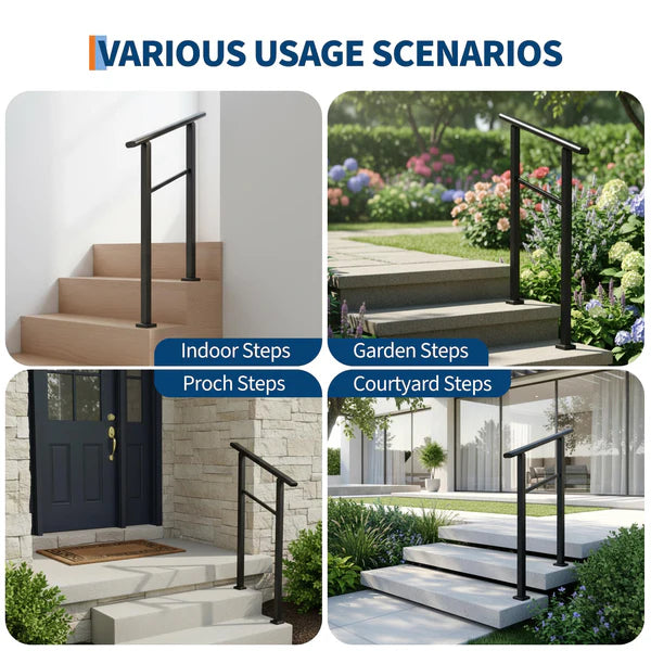 Garvee Outdoor Stair Handrail Set for 2 Steps, Aluminum & Iron Posts, Weatherproof Black Finish, Easy Mounting for Entrance Balcony Garden