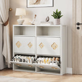 Garvee Slim Shoe Cabinet with 4 Flip Drawers, Narrow Freestanding Organizer for Entryway, Hallway, White, Wood, Flower Pattern & Diamond Handle - Antique White