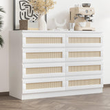 Garvee 8 Drawer Double Dresser, Modern Wooden Chest, Rattan, White, Bedroom, Living Room, Closet, Entryway, 47.3"L x 13"W x 33.9"H - White