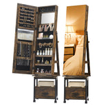 Garvee 360° Swivel Jewelry Armoire, 66" H Floor Standing, Full Length Mirror, Makeup Vanity, Brown, Lockable Wheels, Suitable for Bedroom - Brown