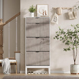 Garvee Modern Narrow Shoe Cabinet with 3 Flip Drawers & Adjustable Shelves, MDF with Metal Legs, 140cm Tall, White, Ideal for Hallway or Entryway