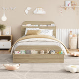 Garvee Twin Size Bed Frame with Storage Headboard and Raised-Footboard for Kids, Low Platform Bed, Natural Wood, Sturdy Support
