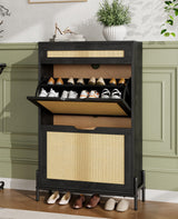 Garvee Rattan Shoe Cabinet Storage With 2 Flip Drawers & Top Drawer, Slim Wooden Shoe Rack For Entry Hallway Porches, Black