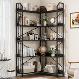 Garvee Corner Bookshelf 72" L Shaped Industrial 5 Tier Large Bookcase Beaded Design Living Room Bedroom Black - Black