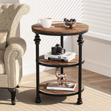 Garvee Round Side Table with 3 Shelves for Small Spaces Living Room Bedroom Night Stand, 18.1" Diameter, Rustic Brown
