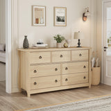 Garvee 54 Inch Wide 7-Drawer Dresser with Ring Pull Handles White Wood Chest for Bedroom Living Room Entryway Storage - Natural Oak