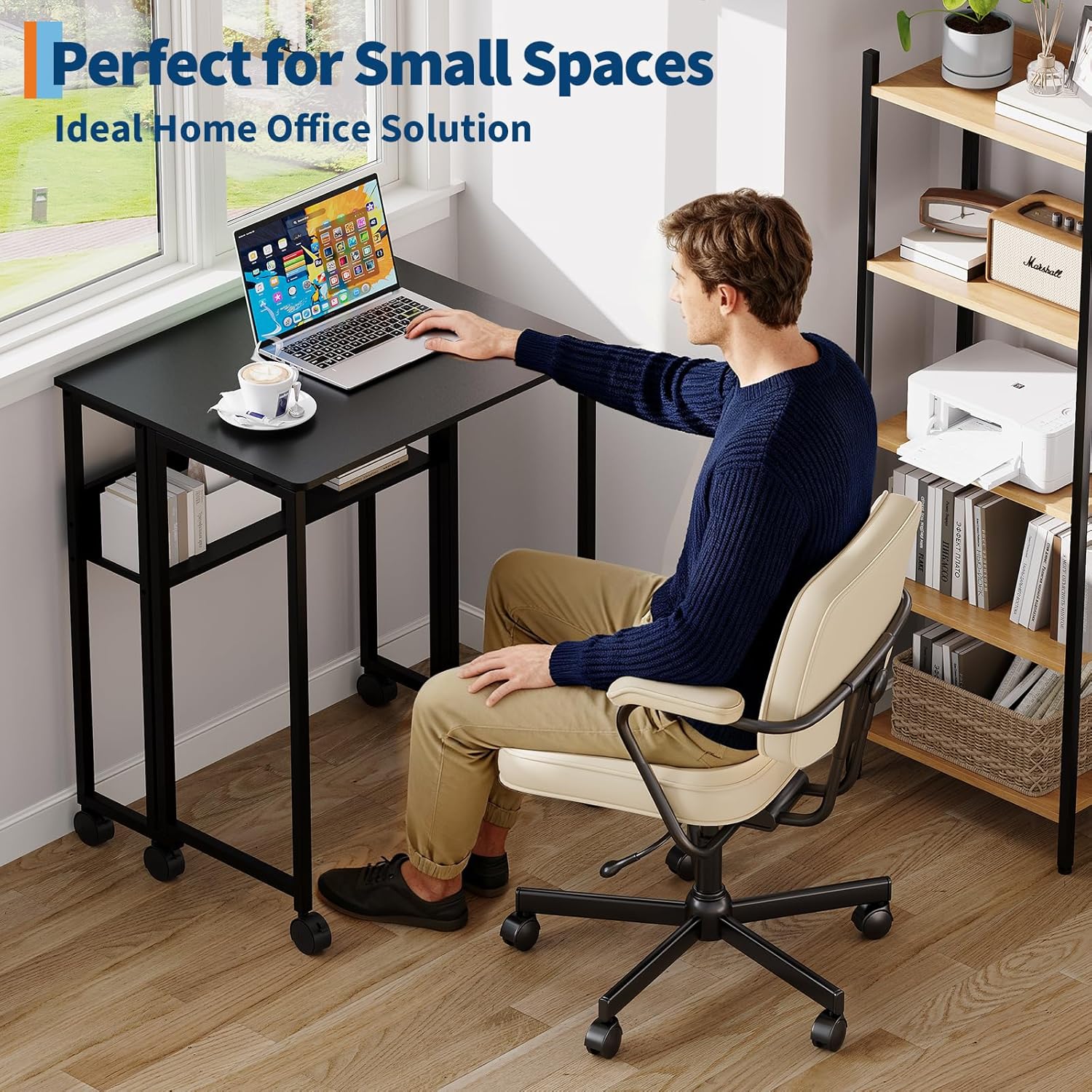 Garvee Folding Desk Small Rolling Desk with Storage Shelf for Home Office and Study, 24.8 Inch, Black, Space-Saving Foldable Computer Table