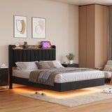 Garvee Floating Bed Frame Full with LED Lights & USB Charging Station, Modern Upholstered Platform Bed, Solid Wood Slats, Black - Black