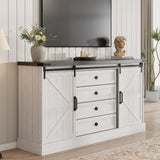 Garvee Farmhouse TV Stand for 65 Inch TV with Sliding Barn Doors, 4 Drawers, Wood Console Table for Living Room Bedroom, White, 58.6x15.7x31.8 in