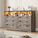 Garvee Grey 6 Drawer Dresser With Power Outlet And LED Lights For Bedroom, 55 Inch Wide, Modern Wood Finish - Grey