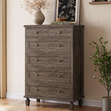 Garvee 47" Tall Vintage 6 Drawer Dresser with Carved Handles and Tapered Legs for Bedroom and Living Room, Grey, Large Capacity Wood Storage Chest - Grey