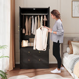 Garvee 65" Louvered Armoire Wardrobe Closet with 2 Doors and 2 Drawers, Large Capacity Storage, Black, Bedroom, Cloak Room, Laundry Room, Entrance Hall - Black