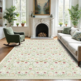 Garvee Washable 5x7 Area Rug Non-Slip Low Pile Soft Carpet Vintage Floral Oriental Home Decor Beige Green - Beige+Green