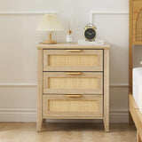 Garvee Rattan Nightstand with 3 Drawers, Modern Boho Farmhouse Bedside Table, Oak, Compact Storage for Bedroom Living Room Entryway